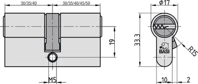 Technical drawing of a lock cylinder with dimensions and specifications.
