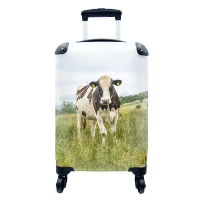 Produktbild von MuchoWow® Koffer Handgepäck Trolley Rollkoffer Kleine Reisekoffer mit 4 Rollen - Kuh - Gras - Schwarz - Weiß - Cabin Size < 55x40x23 cm & 55x40x20 cm - Fotokoffer - Kabinenkoffer - Boardgepäck - Reise-Box - Reisekoffer - Reisegepäck - Koffer mit Bild - Trolley für Kinder