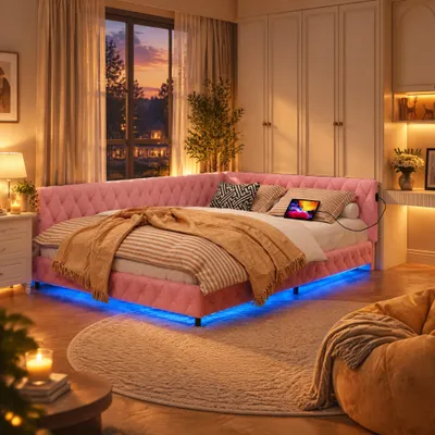 Produktbild von INONEFT Polsterbett 140x200cm mit LED und USB-Ladegerät, Schlafsofa Tagesbett,Bettrahmen mit Lattenrost,Jugendbett Doppelbett mit Samt-Kopfteil, Rosa