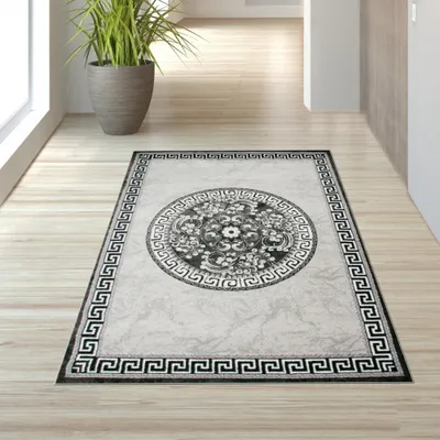Produktbild von Moderner Teppich mit Glitzergarn Bordüre und Kreismuster in Grau Anthrazit Creme Größe - 80 x 150 cm