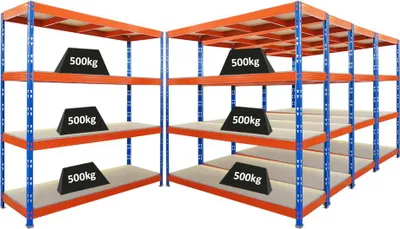 Produktbild von Mega Deal | 5x Profi Schwerlastregal Rhino | HxBxT 200x200x60cm | 4 Spanplatten-Ebenen 16mm | Fachlast 500kg | Blau-Orange