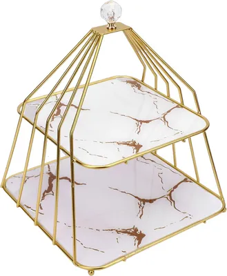 Produktbild von Eleganter zweistöckiger Cupcake-Ständer aus Eisen mit keramischen Serviertabletts für Obst, Kuchen und Gebäck (Weiß)