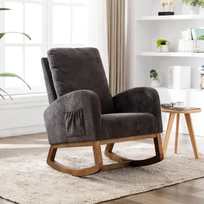 Image de CDGlobal Mid-Century Fauteuil à bascule Fauteuil relax à bascule, rembourré, avec patins en bois, pour salon chambre à coucher balcon
