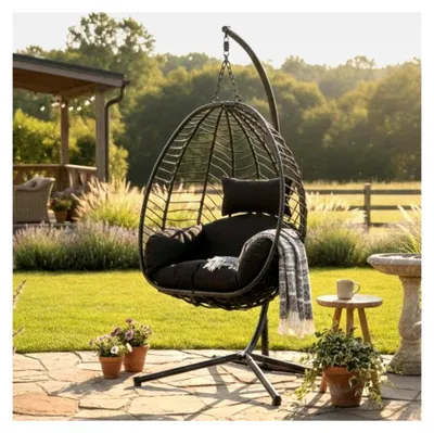 Produktbild von Hängesessel mit Gestell für Innen- und Außenbereich | inklusive weicher Sitzkissen | geeignet für Garten, Balkon, Terrasse oder Innenräume | schwarz