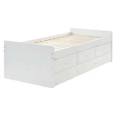 Produktbild von Kinderbett mit Ausziehbett und Stauraum (ohne Matratze) 90x190 cm , weisses Tagesbett aus Kiefernholz und MDF mit Schubladen