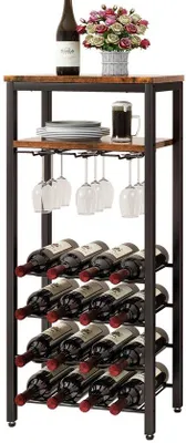 Produktbild von Metallischer Wijnständer für 16 Flaschen, freistehender Wijnständer mit Glashalter, Wijnkast-Display, Mini-Wijnbar-Tisch für Wohnzimmer, Küche, Esszimmer, braun TMJ907H