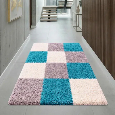 Produktbild von Shaggy Teppich in Karo Design Türkis Grau Cream Größe - 60 x 110 cm