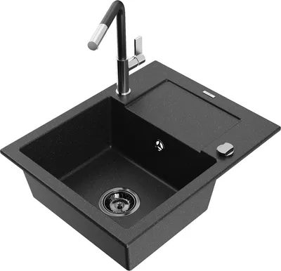 Produktbild von Mexen Enzo 1 Becken-Granitspüle mit Abtropffläche und Mischbatterie Flora, Schwarz/Silbermetallic - 6506-73-670401-07-B