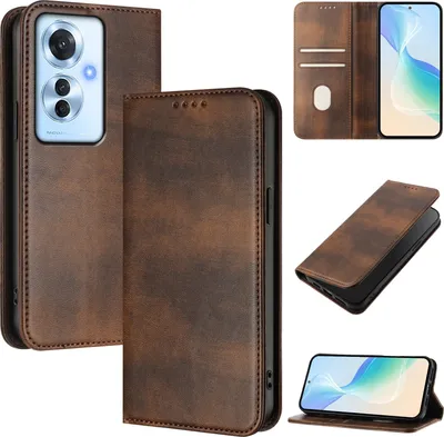 Immagine prodotto di Custodia per Oppo Reno11 F, custodia in pelle vintage con protezione RFID, slot per schede, supporto Marrone