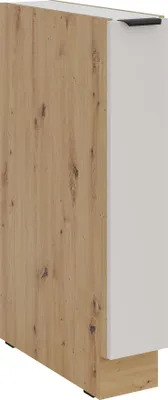 A close-up side view of a cabinet with a wood-grain finish on the left and a white door on the right, featuring a black handle.