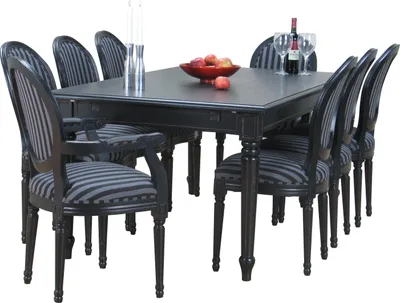 Produktbild von Amaretta Essgruppe 100x180/280 einsch. 2 Zusatzplatten schwarz m 2+6 Rokoko Stühlen antik schw/schw.