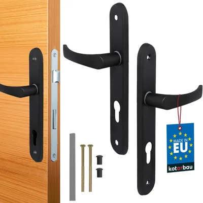 A set of black door handles and related hardware, including a door latch mechanism, screws, and caps, displayed against a white background. One of the door handles has a blue tag attached.