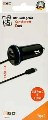 Zdjęcie produktu dla 2GO USB-Kfz-Ladegerät 2400mA DUO Type C 3.1 + 1x USB schwarz