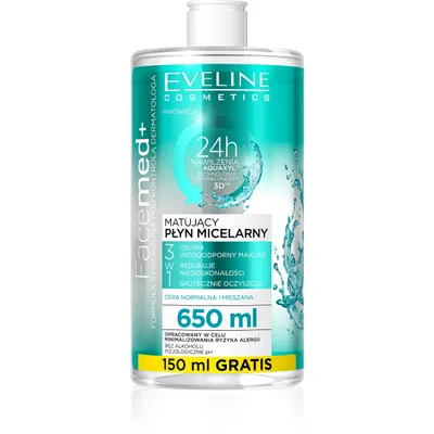 Produktbild von Eveline Cosmetics Facemed+ Mattierende Mizellenwasser 650 ML - 3-in-1 Reiniger für Wasserfestes Make-up, Sebum Kontrolle und Porenminimierung