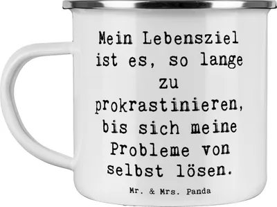 Produktbild von Mr. & Mrs. Panda Blechtasse Spruch Lebensziele Prokrastination - Weiß - Geschenk, Pott, Teetasse, Großartige Ziele, Motivation, becher emaille, Haferl, Gefühl, Tasse
