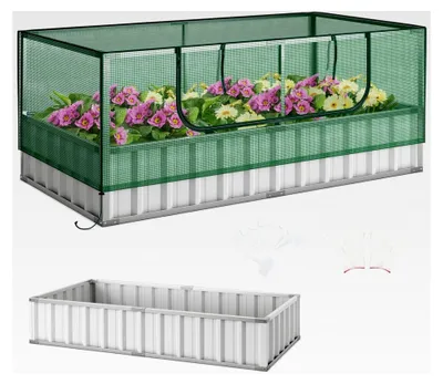 Produktbild von 2 in 1 Hochbeet mit Gewächshaus, verzinktes Pflanzbeet mit Rolltür, abnehmbare PE-Abdeckung, rechteckiges Gartenbeet aus Metall, Blumenbeet Pflanzkasten, Frühbeet Treibhaus, Grün, 174x90x70cm