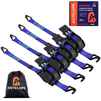 Productafbeelding van Automatische spanbanden met automatische terugroller, 4 stuks, met J-haken, blauw, breeksterkte 680 kg