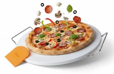Productafbeelding van Pizzasteen XXL Ø 41 cm Oven & BBQ – Cordieriet met RVS Houder & Schraper