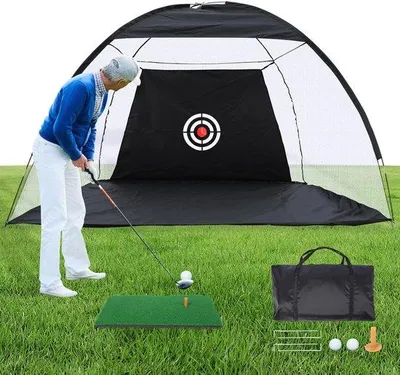 Immagine prodotto di Uniqoos® Rete da allenamento per golf, grande, 300 x 200 x 180 cm – include tappetino da impatto, 10 palline da golf, 7 tee e borsa da trasporto nera, realizzata in poliestere/Oxford 210D, adatta per interni ed esterni