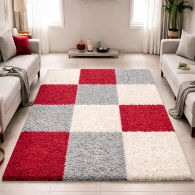 Zdjęcie produktu dla Dywan Shaggy, wielokolorowy, czerwono-szaro-kremowy – nowoczesny dywan z długim włosiem i wzorem w kratkę, wymiary: 160 x 230 cm
