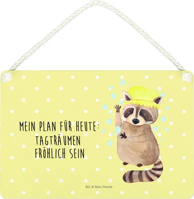 Produktbild von Mr. & Mrs. Panda Schild Waschbär DIN A4 - Gelb Pastell - Geschenk, Türschild, wandtafel, Waschen, Holzschild, Lustige Sprüche, Tagträumen, Plan, Wandbild Holz, Fröhlich