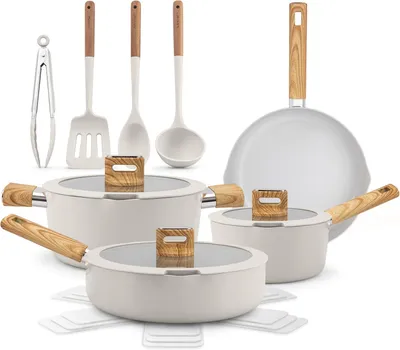 Immagine prodotto di Set di pentole in Vetroceramica NutriChef – Pentole e padelle, 14 pezzi, per piani a induzione con rivestimento antiaderente, beige