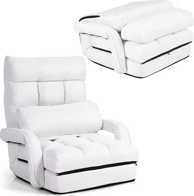 Produktbild von Schlafsessel klappbar mit Rücklehne in 5 Stufen verstellbar, Bettsessel Klappsofa mit Armlehnen & Kissen (weiß)