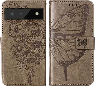 Produktbild von Google Pixel 6 Hülle, Schmetterling Prägung Flip Leder Kartenfächer Schutzhülle Ledertasche mit Ständer für Google Pixel 6 Grau