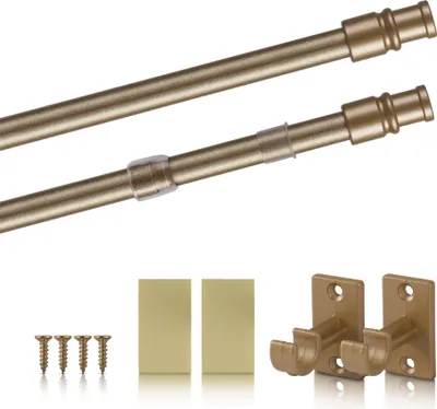 A set of extendable curtain rods and mounting hardware, including screws and brackets, laid out on a white background.