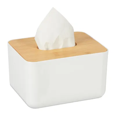 Produktbild von 10 x Tücherbox mit Deckel aus Bambus, fürs Bad, modernes Design, Kunststoff, Taschentuchbox, HBT 10x17x13 cm, weiß/natur