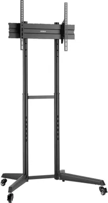 A black rolling TV stand with a mount for a television.