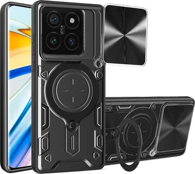 Produktbild von Handyhülle für Xiaomi 14T Pro Dual-Layer Stoßfest Rüstung Hülle mit Dia Kameraschutz und Kreisförmig Ring Ständer Schwarz