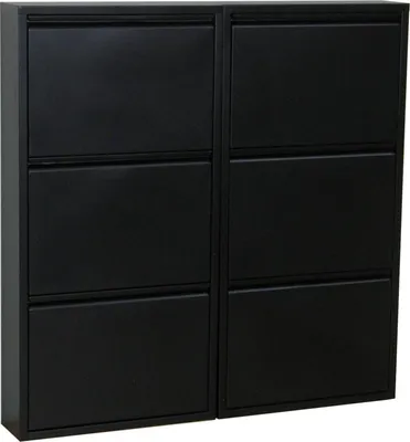 A black metal shoe cabinet with six flip-down doors.
