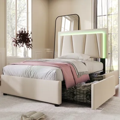 A bedroom scene with a bed, mirror, and window.