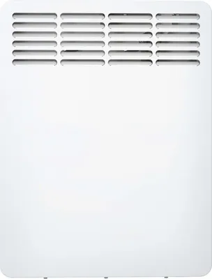 A white electric heater with a slotted top.