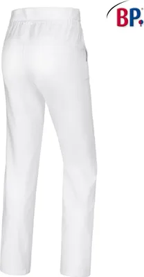 A back view of white women's pants with a logo in the top right corner.