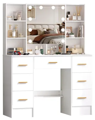 Imagen del producto de Tocador - Mesa de maquillaje - Espejo con iluminación LED - 7 cajones - Estantes abiertos - MDF - 100 x 40 x 140 cm - Blanco