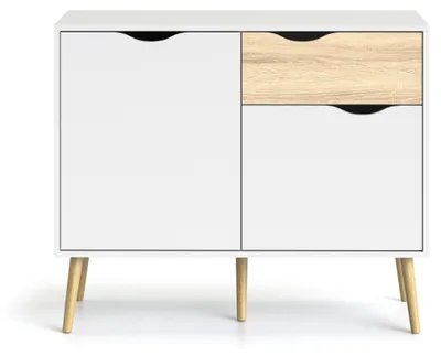 Immagine prodotto di Calicosy - Piccola credenza 2 ante, 1 cassetto bianco e rovere decorativo L98,7 cm - BILLUND