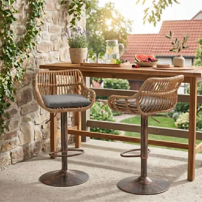 Produktbild von LVHOM 2er Set Barhocker Rattan mit Metallsockel, Barstuhl Gartenstühle, Gartenmöbel Balkonmöbel, höhenverstellbar Gartenhocker 360° drehbar, Grau