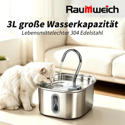 Produktbild von Trinkbrunnen für Haustiere Wasserbrunnen Frisches Wasser für Katze und Hunde 3L 304 Edelstahl mit Wasserstandsfenster