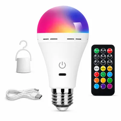 Produktbild von E27 LED Campinglampe RGB, 2600 mAh Akku, USB-C wiederaufladbar, dimmbare Zeltlampe mit Fernbedienung, Timer, 3 Farbtemperaturen, mit Haken