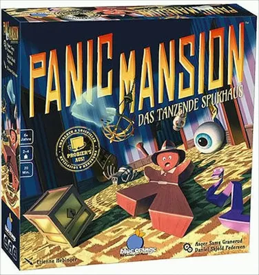 The image shows the front of a board game box for 'Panic Mansion Das tanzende Spukhaus'. The box art features a cartoonish, spooky theme with a haunted mansion, ghosts, and various game elements.