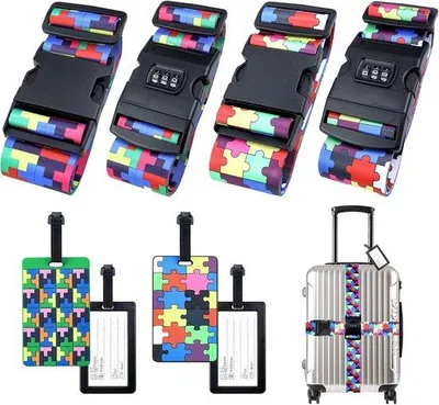 Produktbild von Famanu Kofferriemen mit Zahlenkombinationsschloss + 4 Kofferanhänger - Verstellbare, bunte Reiseaccessoires - 200 x 5 cm
