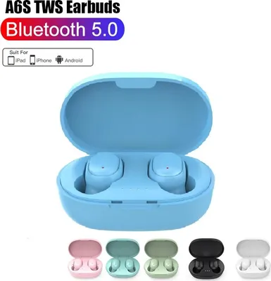A product image showcasing A6S TWS earbuds in a blue charging case, with multiple color options displayed below.