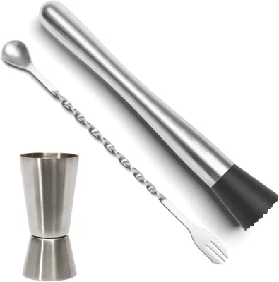 Produktbild von 1 Stk. Edelstahl-Cocktailstampfer mit Rührlöffel und Messbecher