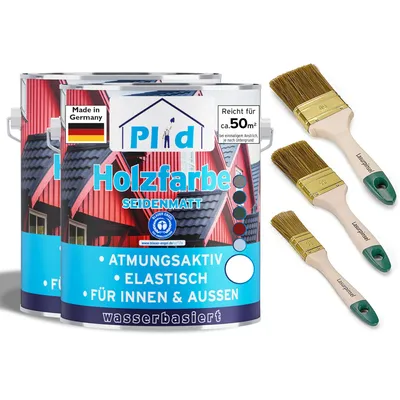 Produktbild von Plid Holzfarbe Weiß 5l + Pinselset 3-tlg. / Innen & Außen - Wetterschutzfarbe Holzfarbe Außen - Dauerhafte Holzschutzfarbe - Holzlack