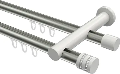 Produktbild von Interdeco Innenlaufstange / Gardinenstange mit Innenlauf Edelstahl-Optik / Weiß, Typ Platon Estana (Glitzerkappe), 20 mm Ø 2-läufig, 140 cm