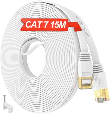 Produktbild von 15 Meter LAN Kabel Cat 7 15m Netzwerkkabel Hochgeschwindigkeits S/FTP Schirmung Patchkabel, RJ45 Flach 15m LAN Kabel 10000Mbit/s Gigabit Internet Kabel für Router, Modem, Switch, PC (Weiß, 15 Clips)