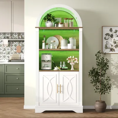 Produktbild von Flieks Küchenschrank mit verstellbarer Regalböde und LED-Beleuchtung, Highboard mit großem Stauraum, Hochschränke für Esszimmer, Wohnzimmer, Weiß