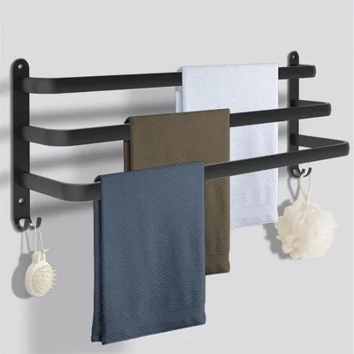 Produktbild von Handtuchhalter Schwarz 70CM,Handtuchhalter Ohne Bohren,Aluminium Handtuchregal Wandmontage 3-Stöckig Handtuchstange mit Haken,Handtuchhalter Bad Küche Badezimmer Zubehör